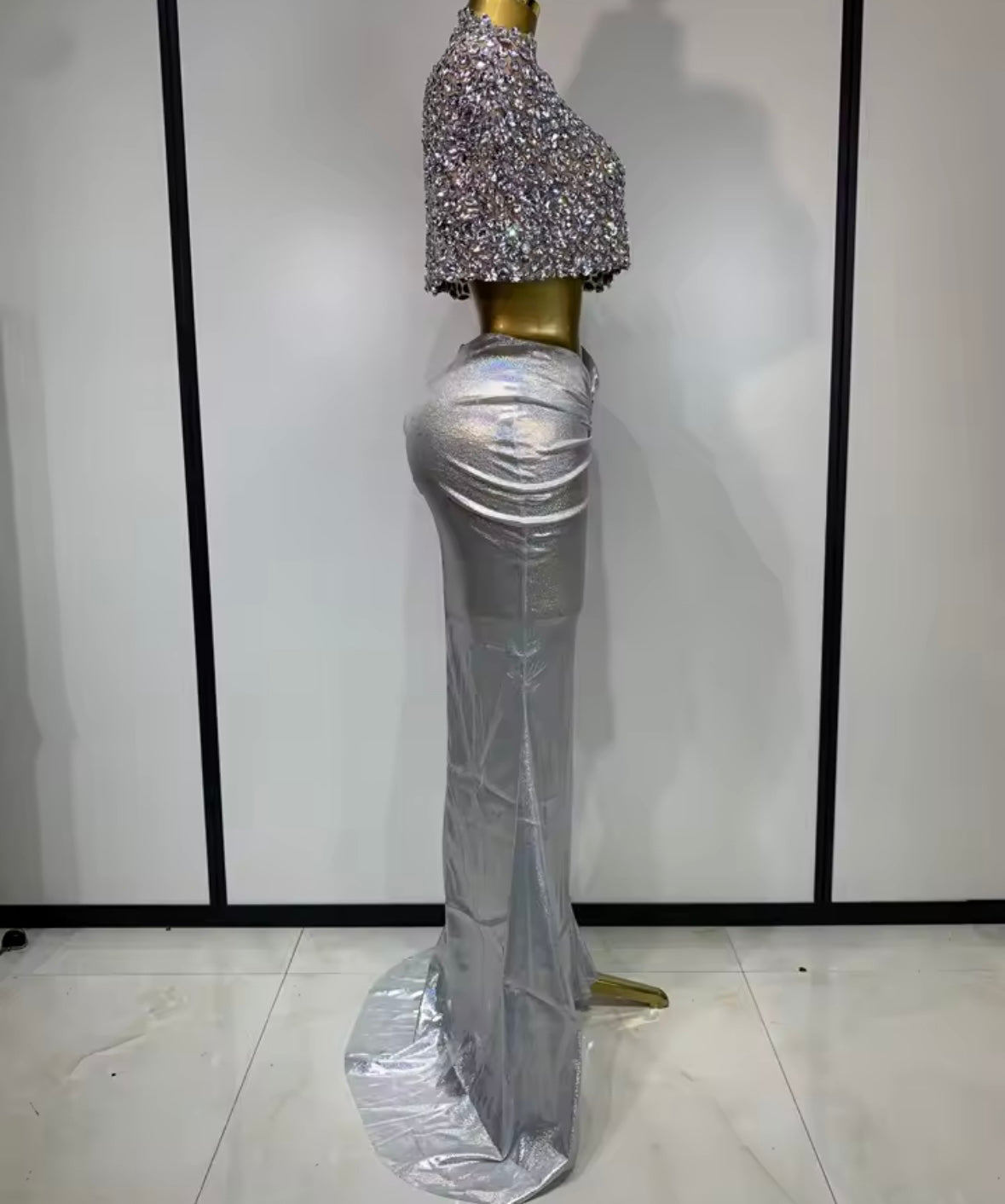 Silver Rhinestone Crop Sexy Ruched Maxi Skirt Set
