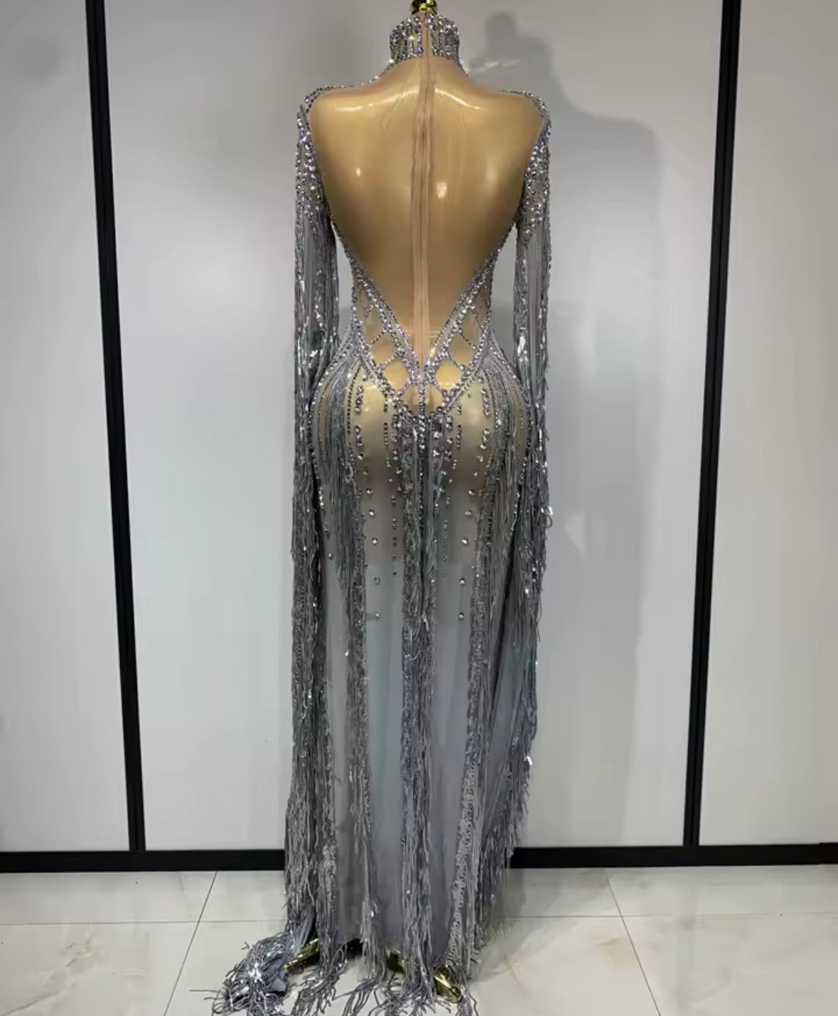 Silver Sexy Sequins Rhinestone Tassel See Through Maxi Dress
