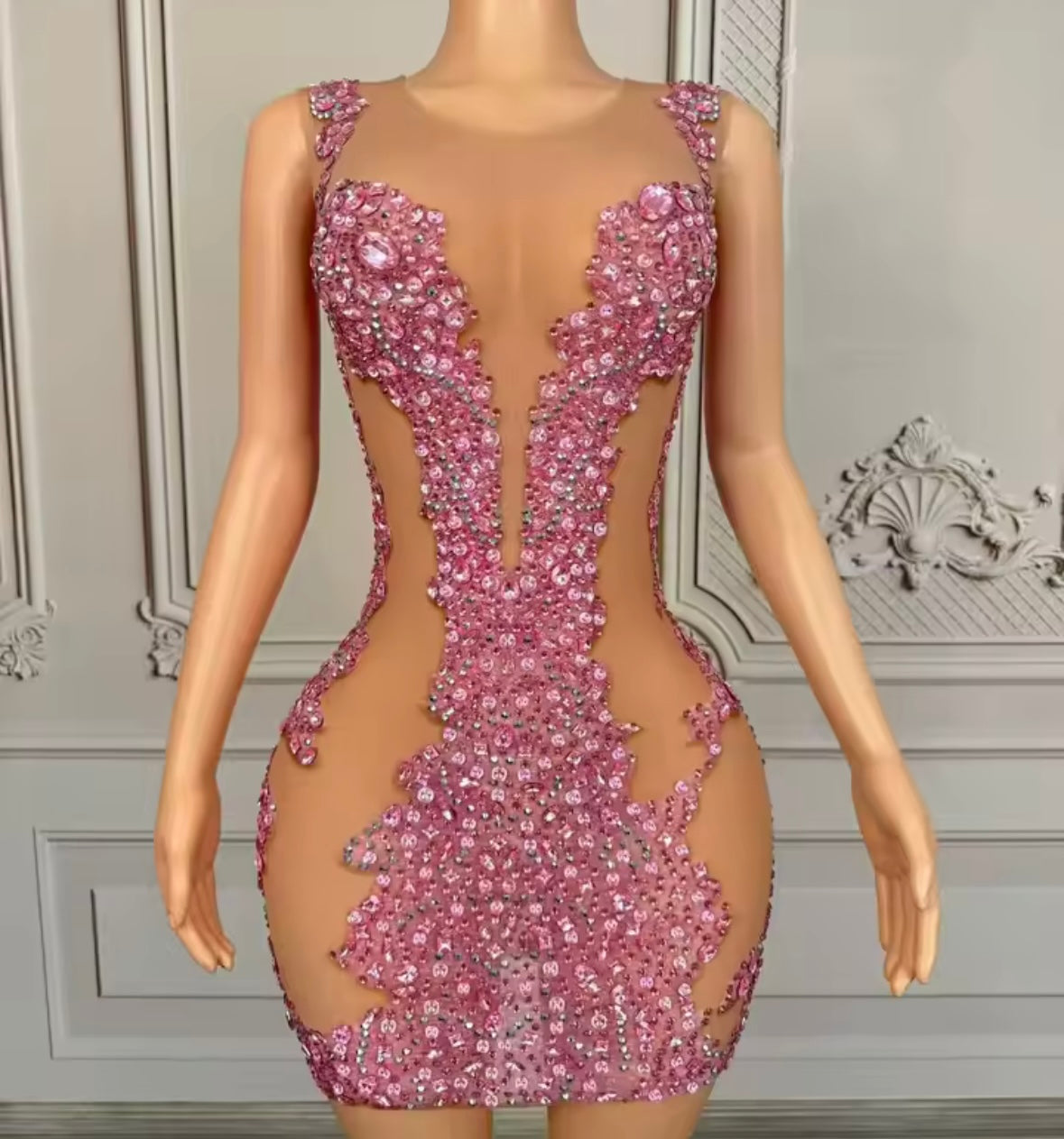 Sexy Sleeveless See Through Pink Beaded Rhinestone Dress