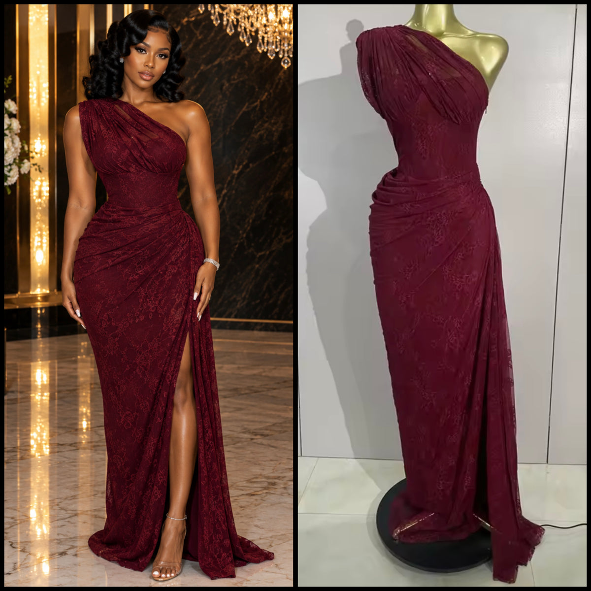 Sexy Burgundy One Shoulder Lace Side Split Maxi Dress