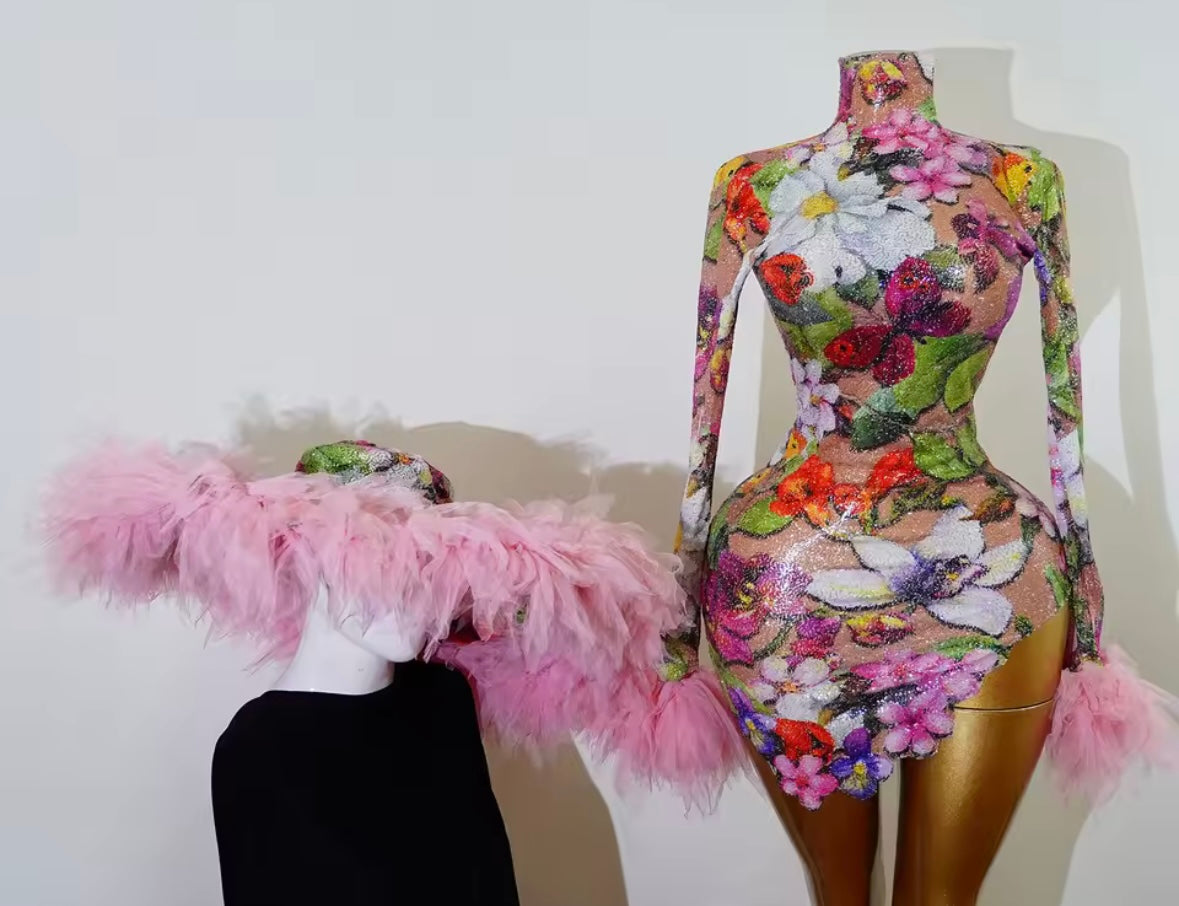 Sexy Floral Sequins Ruffle Full Sleeve Dress Hat Set