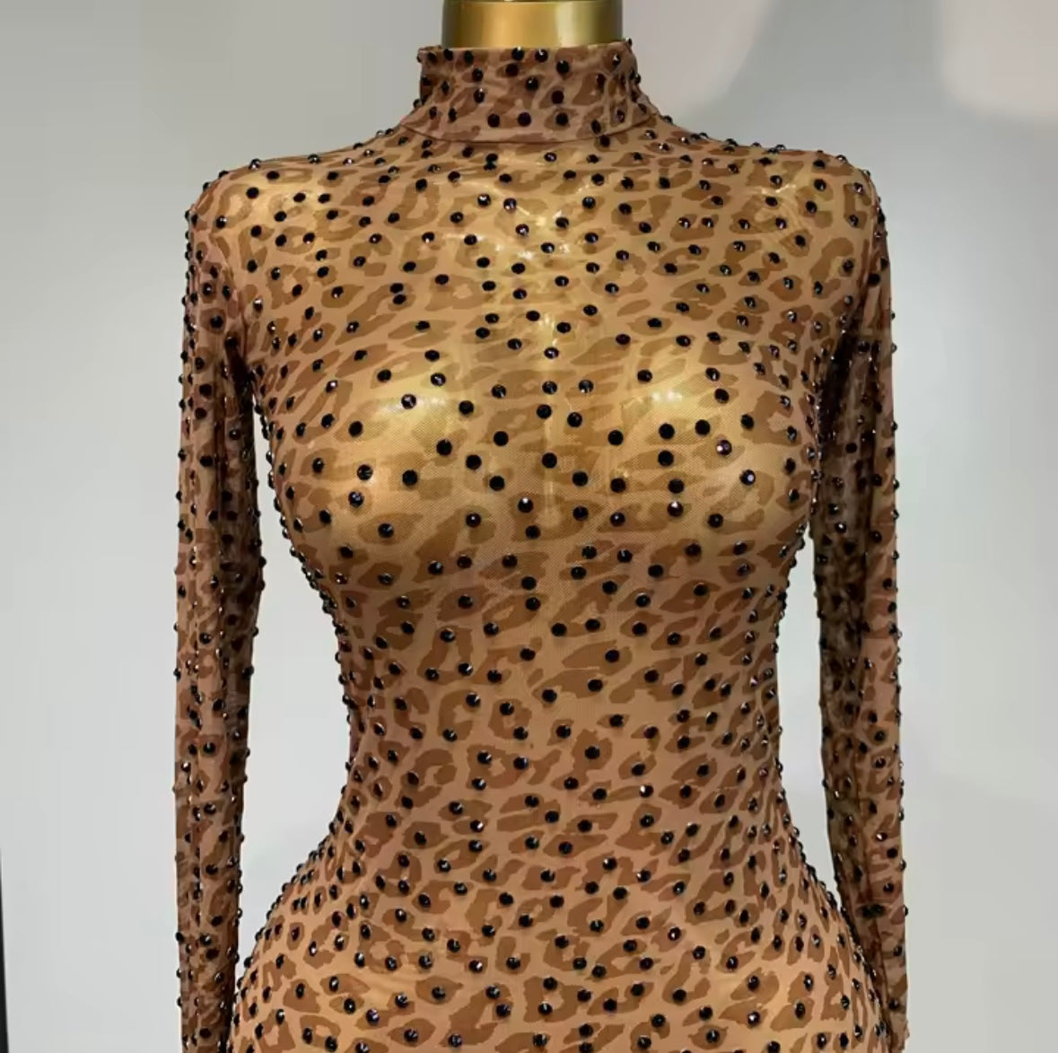 Sexy See Through Leopard Rhinestone Full Sleeve Jumpsuit