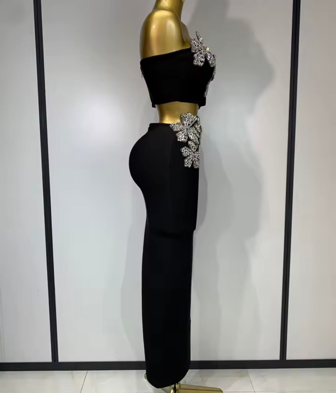Black Strapless Floral Rhinestone Embellishment Bandage Skirt Set