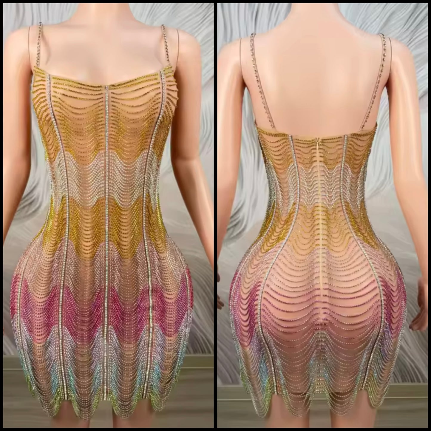 Sexy Sleeveless Multicolored Rhinestone Chain Dress