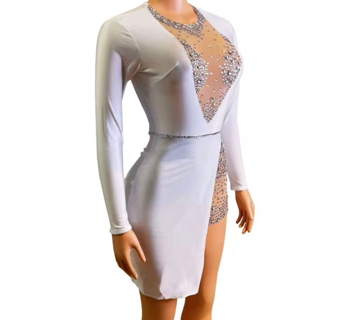 Sexy White Rhinestone Full Sleeve Dress