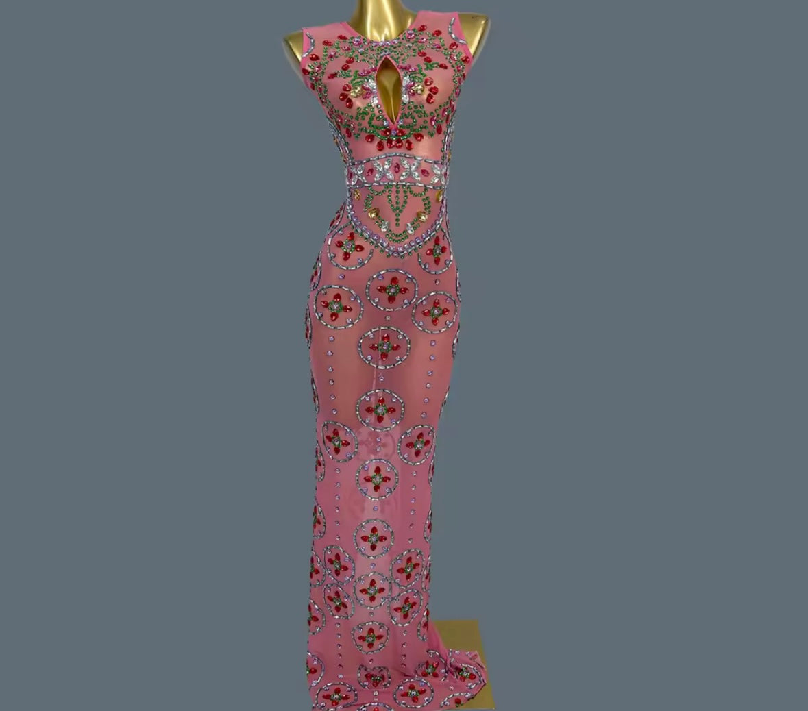 Sexy Pink Sleeveless Crystal Rhinestone Maxi Dress