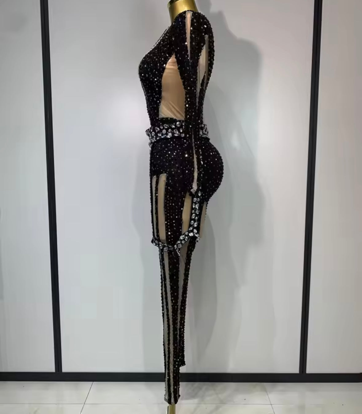 Sexy Black Sparkly Rhinestone Full Sleeve Jumpsuit