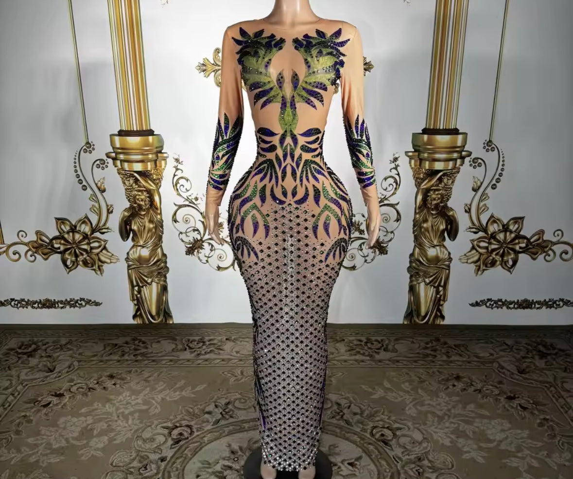 Sexy Colorful Rhinestone Full Sleeve See Through Maxi Dress