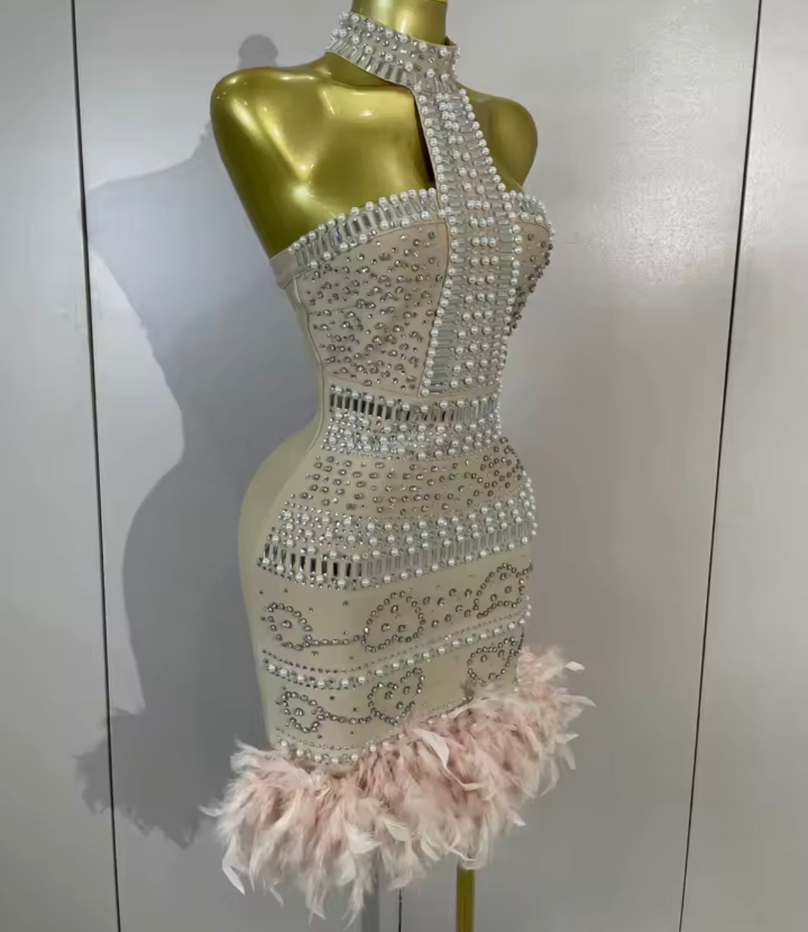 Sexy Halter Sleeveless Rhinestone Pink Feather Dress
