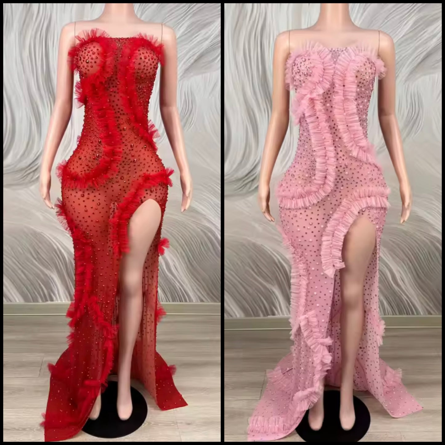 Sexy Strapless Ruffle Rhinestone See Through Side Split Maxi Dress