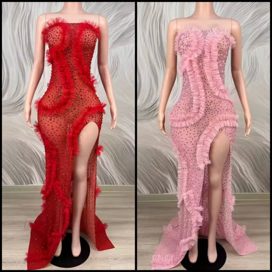 Sexy Strapless Ruffle Rhinestone See Through Side Split Maxi Dress
