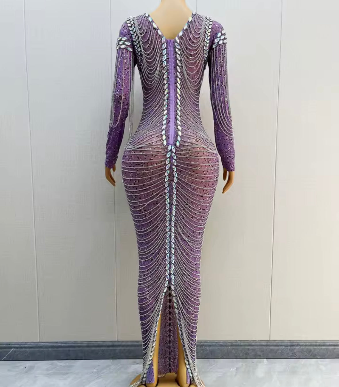 Sexy Purple Rhinestone Chain Full Sleeve Maxi Dress
