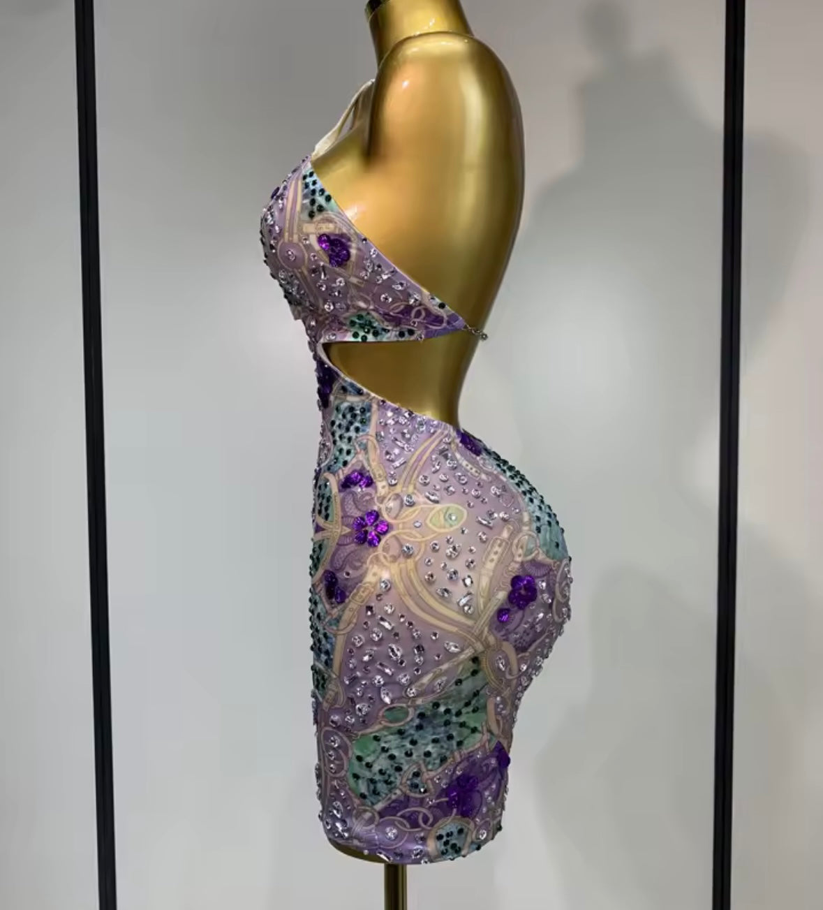 Sexy Sleeveless Color Crystal Open Back Chain Mesh Dress