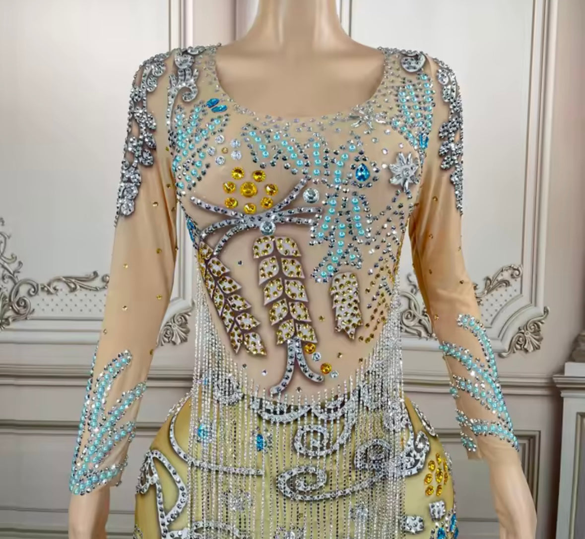 Sexy Rhinestone Embellishment Tassel Full Sleeve Dress