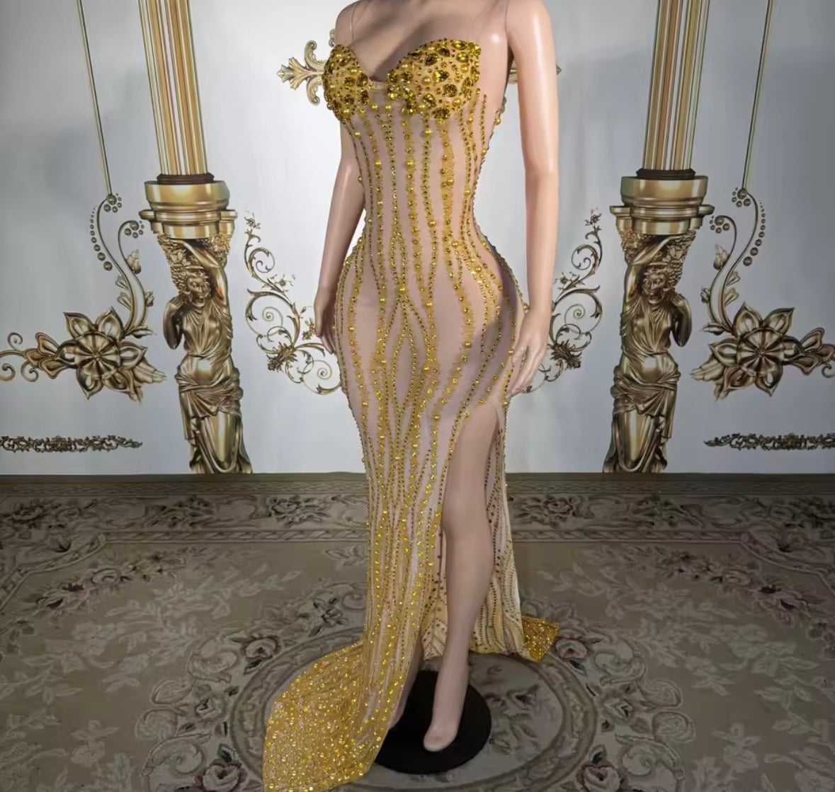 Sexy Sleeveless See Through Gold Rhinestone Side Split Maxi Dress