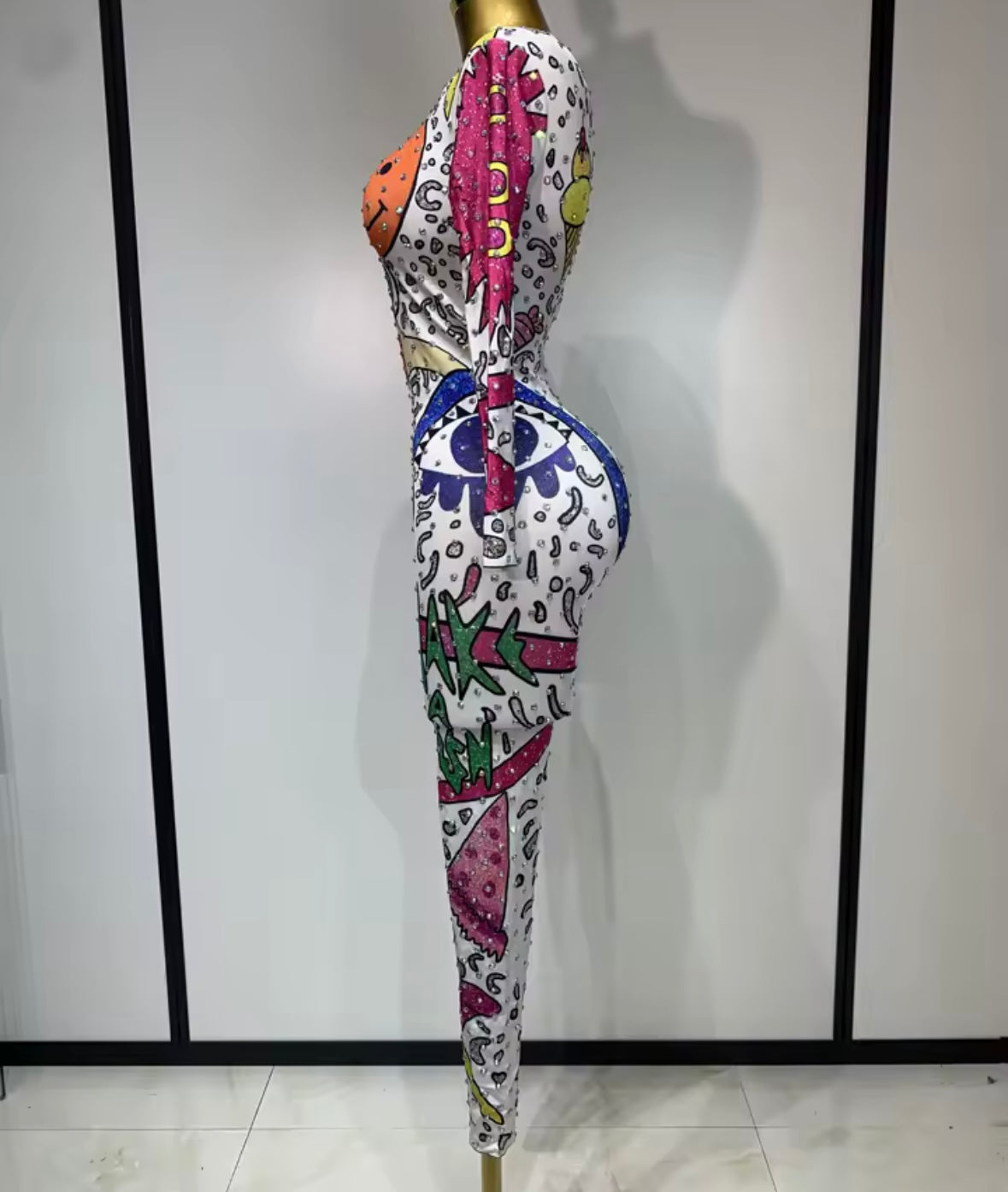 Multicolored Print Rhinestone Full Sleeve White Jumpsuit