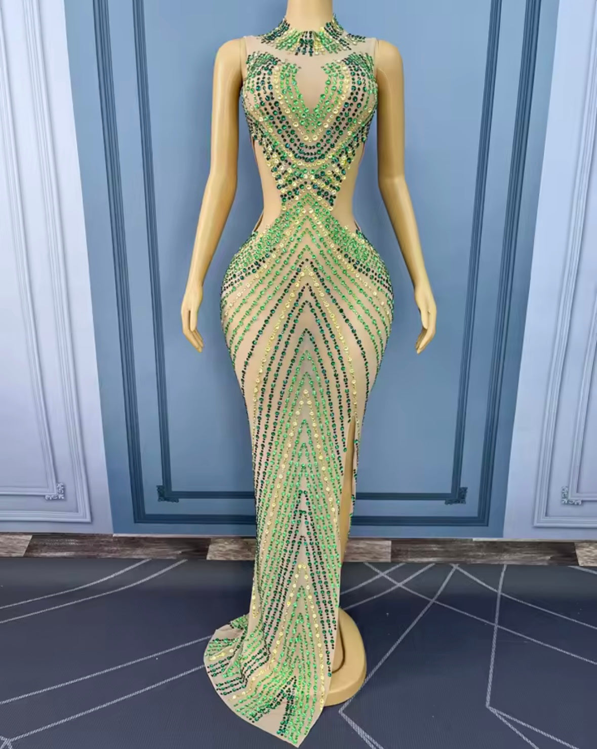 Sexy Sleeveless Rhinestone Embellishment Side Split Maxi Dress