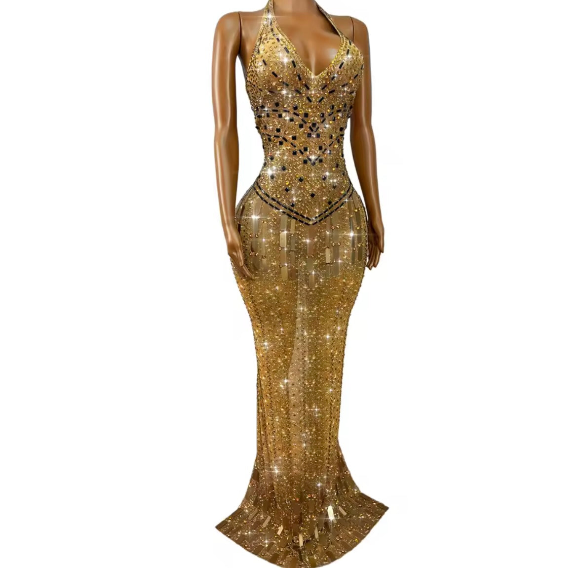 Gold Sexy Halter Sleeveless Rhinestone Floor-Length Dress