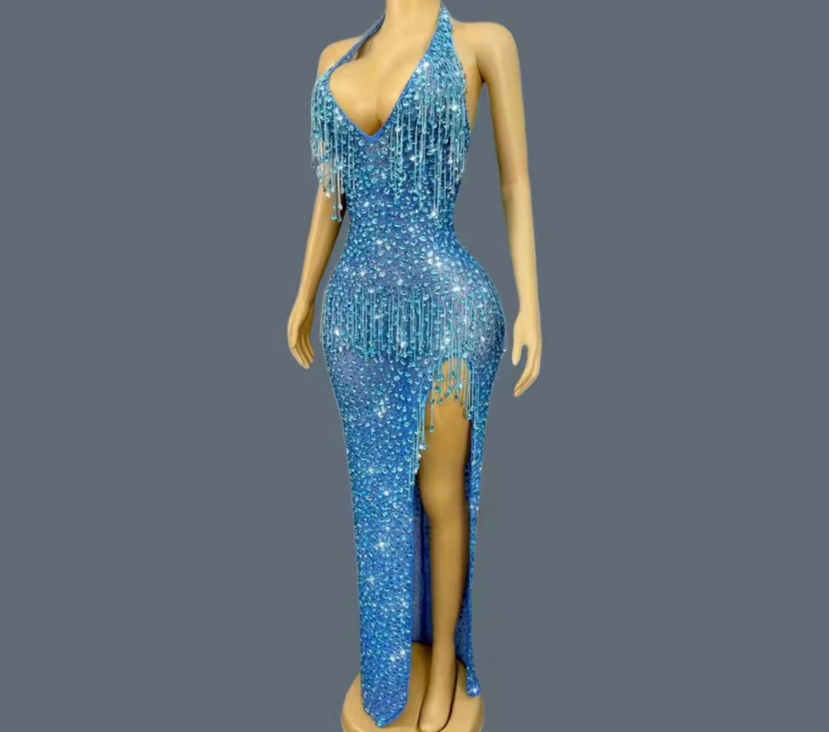 Sexy Sleeveless Rhinestone Tassel Side Split Maxi Dress
