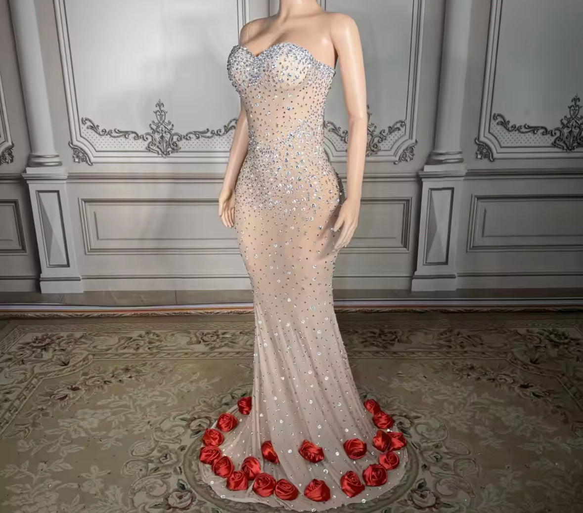 Strapless See Through Rhinestone Rose Sexy Floor-Length Dress