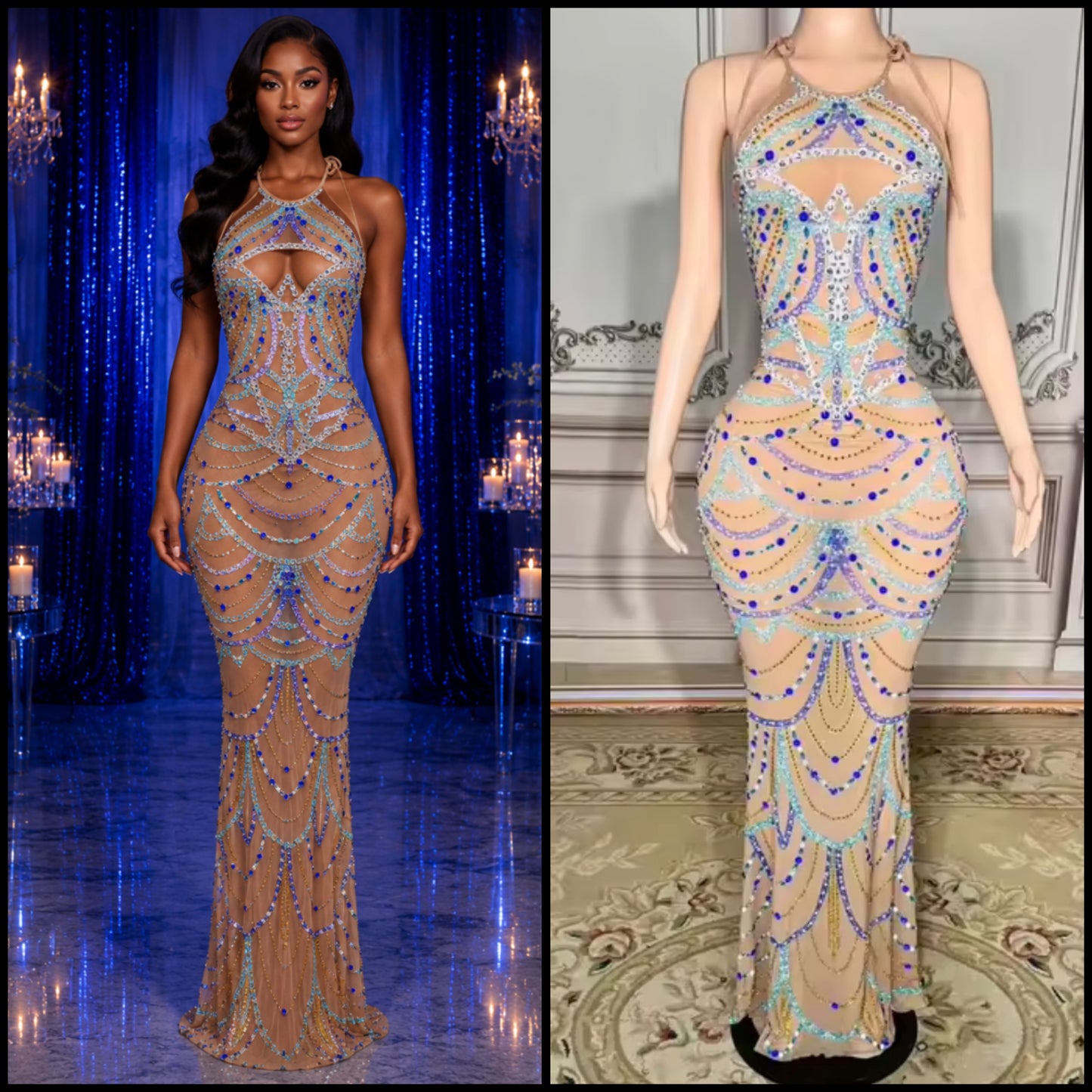 Sexy Halter Sleeveless Beaded Rhinestone Maxi Dress