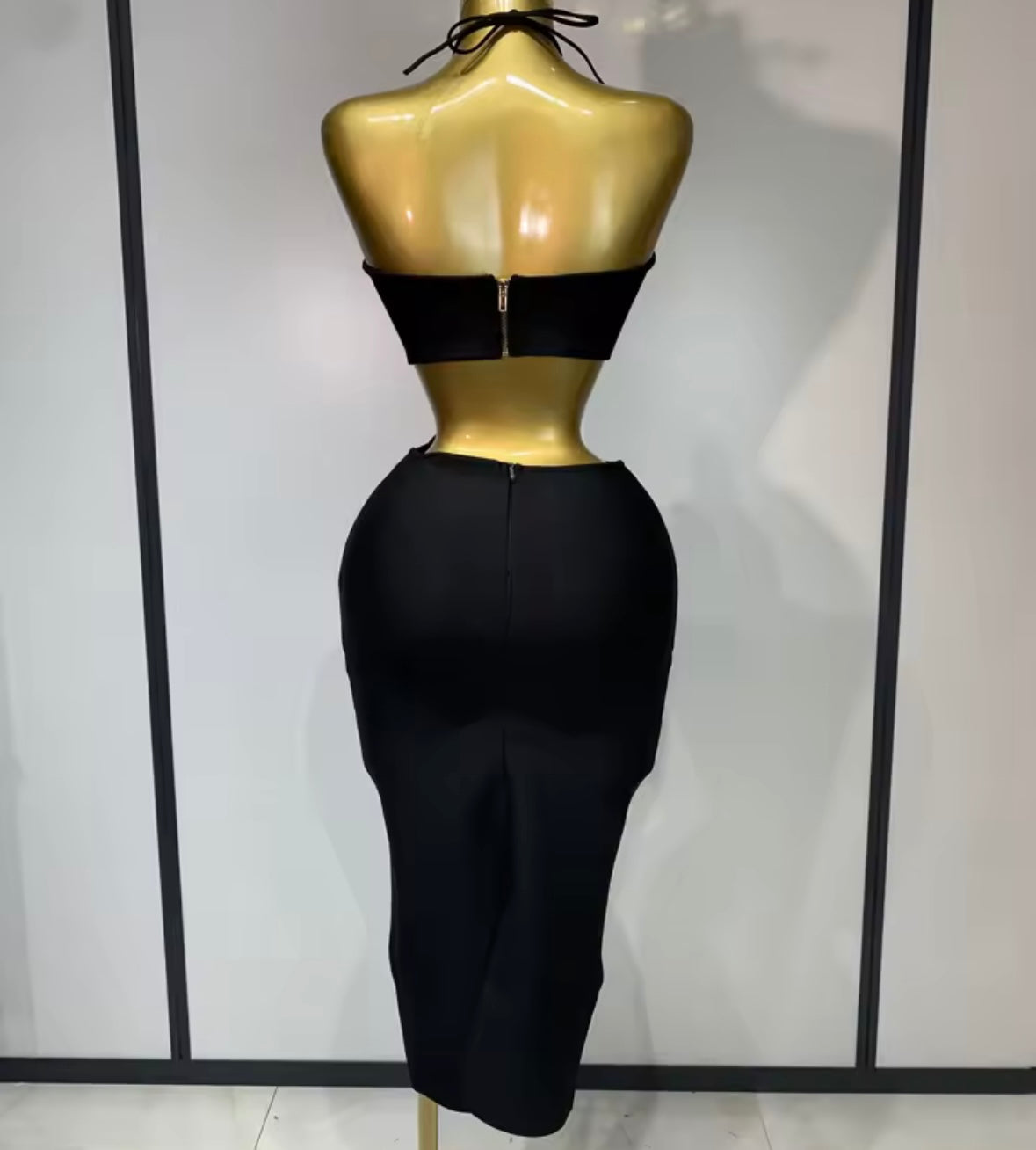 Black Sexy Halter Open Back Hollow Out Midi Dress