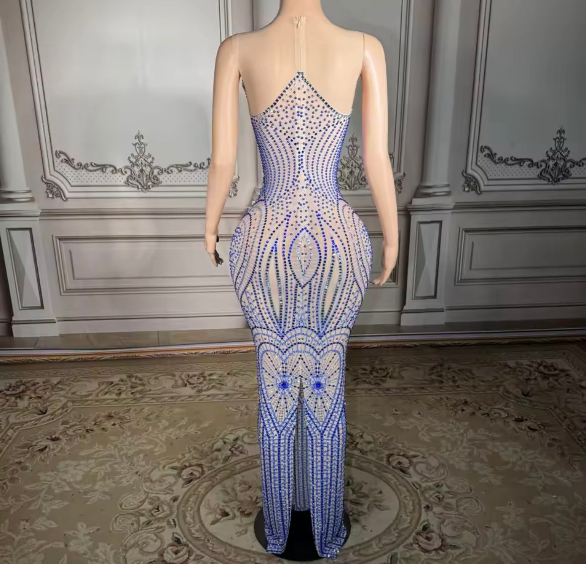 Sexy Sleeveless See Through Blue Rhinestone Embellishment Dress