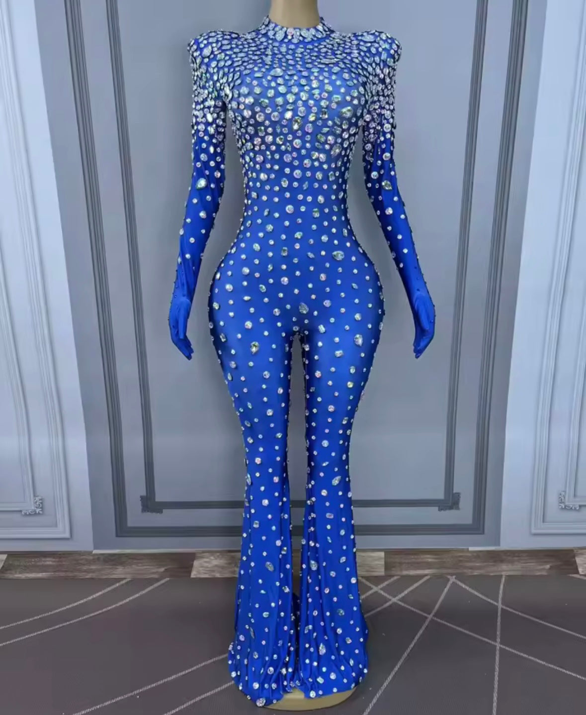 Elegant Rhinestone Glove Full Sleeve Jumpsuit