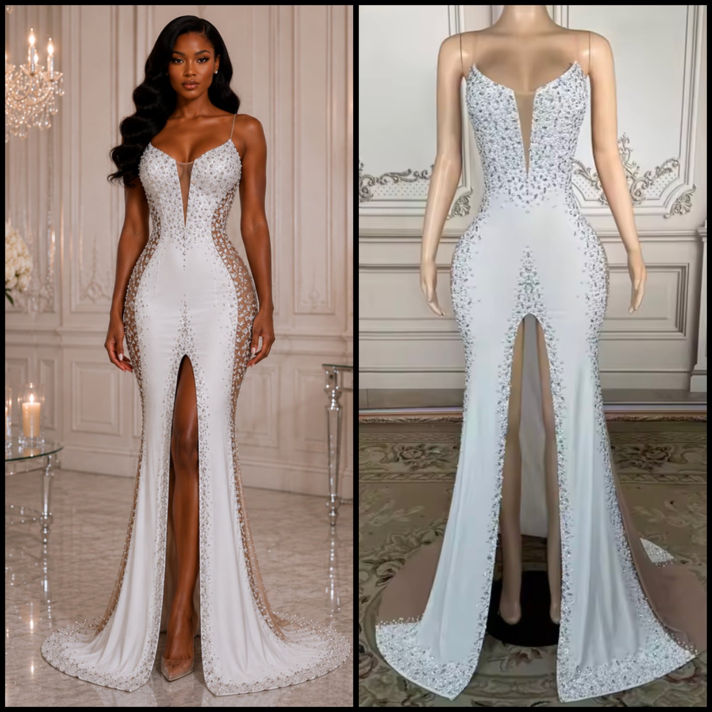 Elegant Sleeveless White Rhinestone Floor-Length Dress