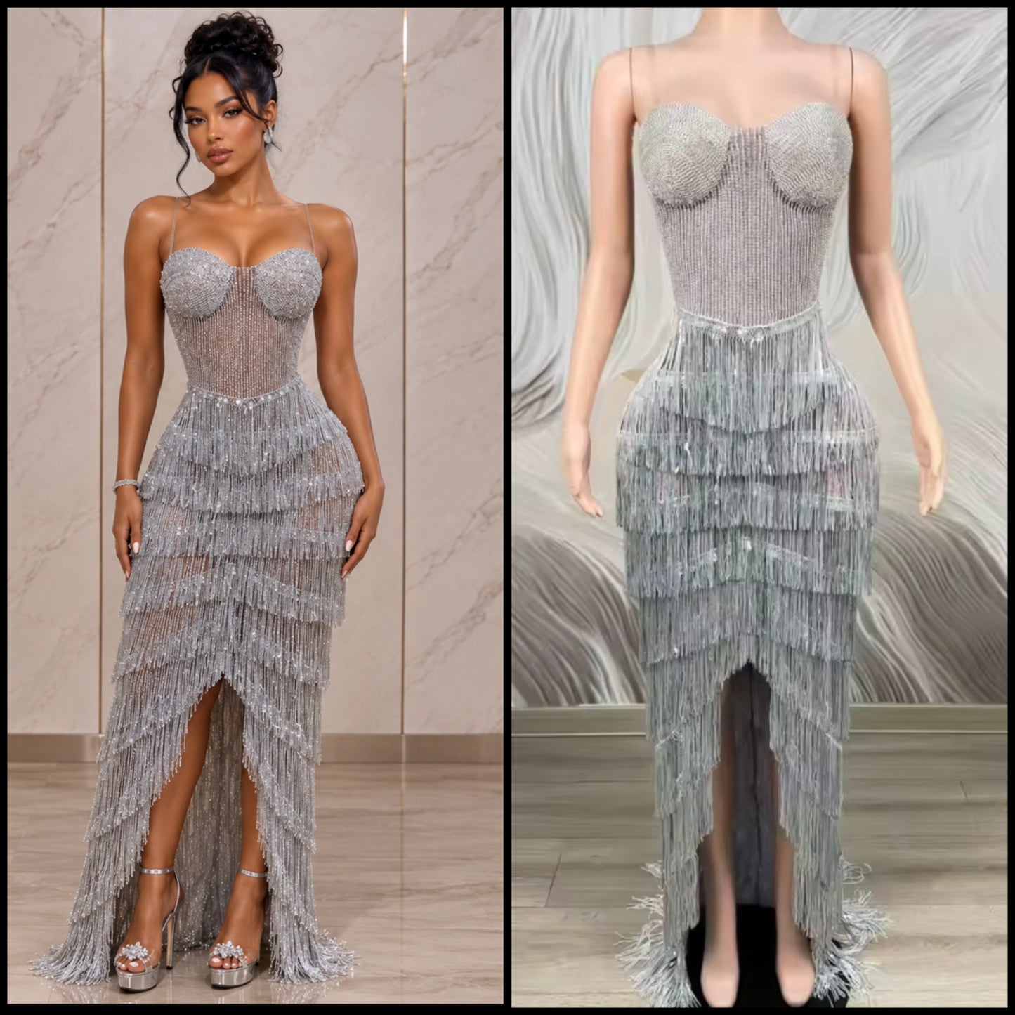 Sexy Sleeveless Silver Rhinestone Fringe Tassel Maxi Dress