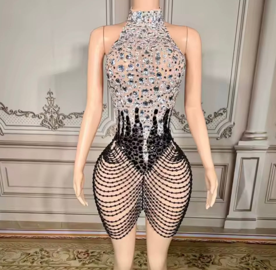 Sexy Halter Open Back Sleeveless Rhinestone Dress