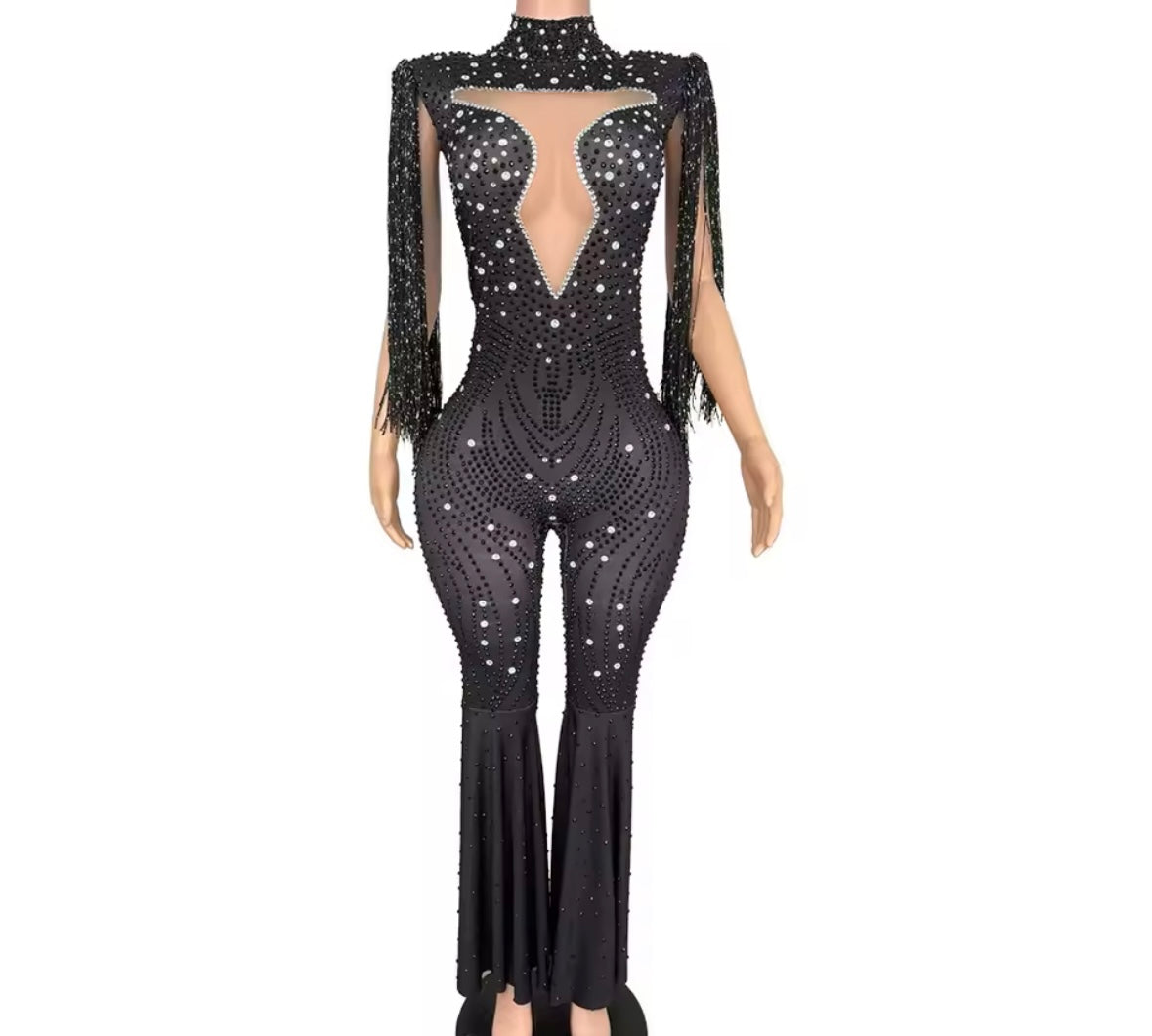 Black Rhinestone Tassel Sleeveless Jumpsuit