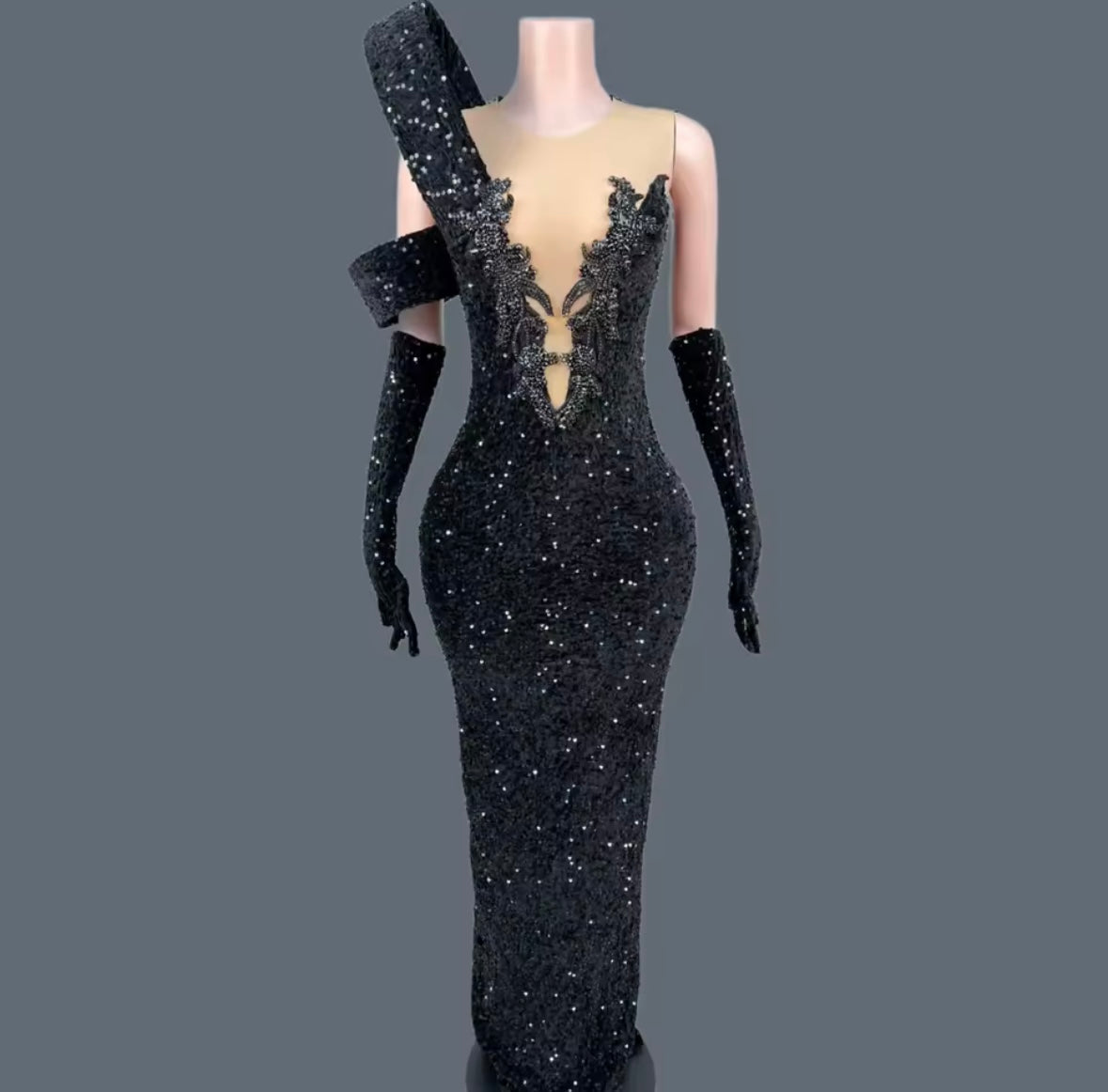 Elegant Sparkly Rhinestone Glove Maxi Dress