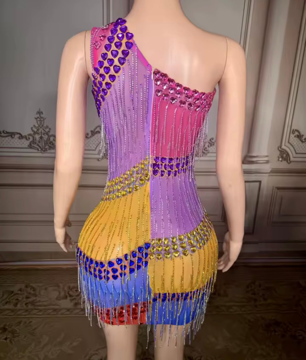 Sexy One Shoulder Sleeveless Multicolored Rhinestone Tassel Dress