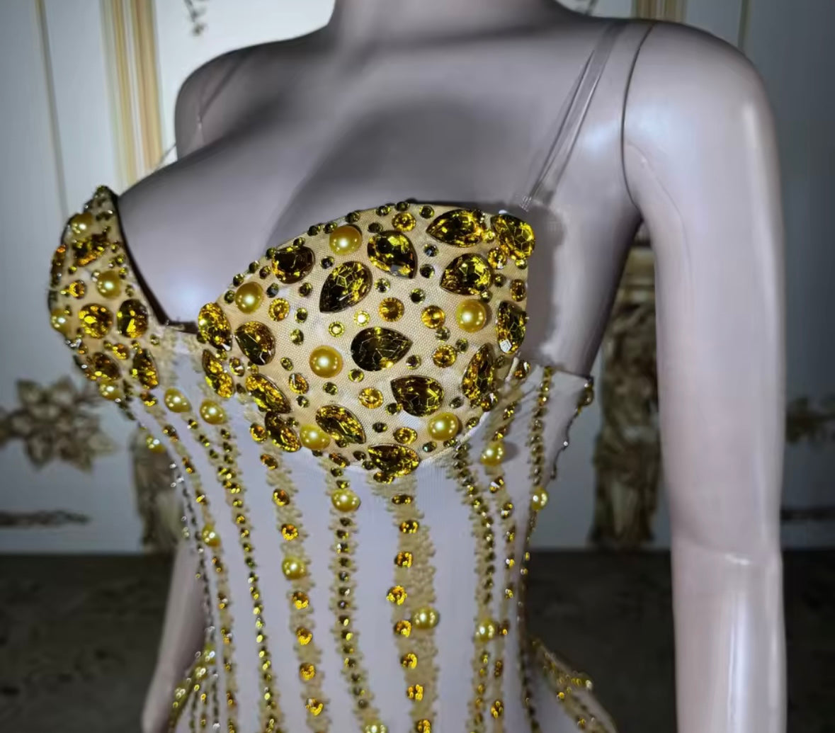Sexy Sleeveless See Through Gold Rhinestone Side Split Maxi Dress