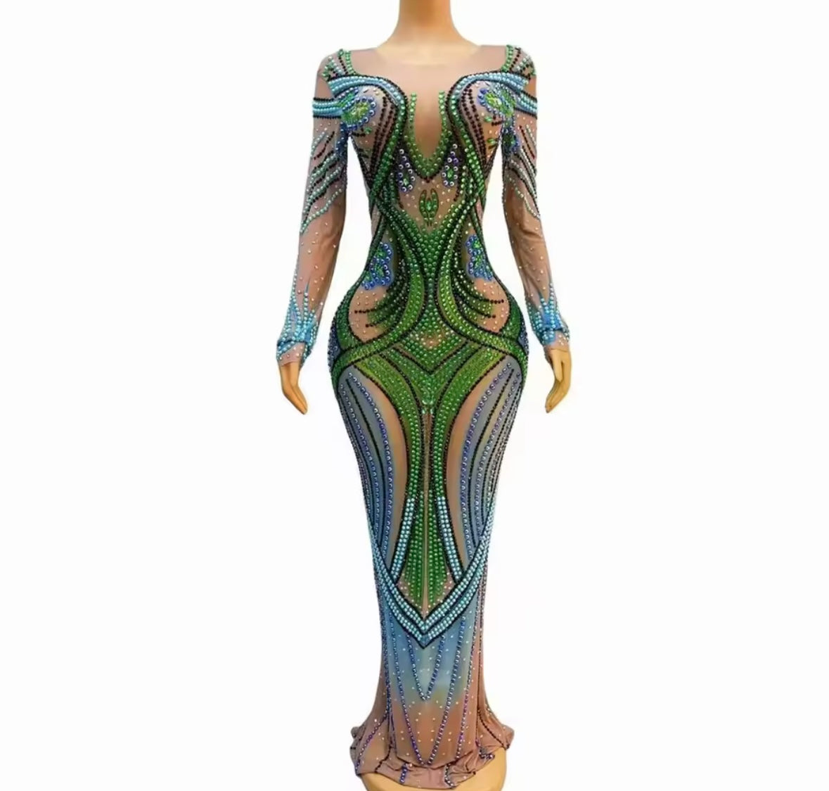 Color Rhinestone Embellishment Sexy See Through Maxi Dress