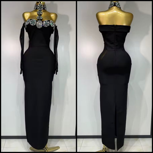 Elegant Black Crystal Rhinestone Choker Strapless Maxi Dress