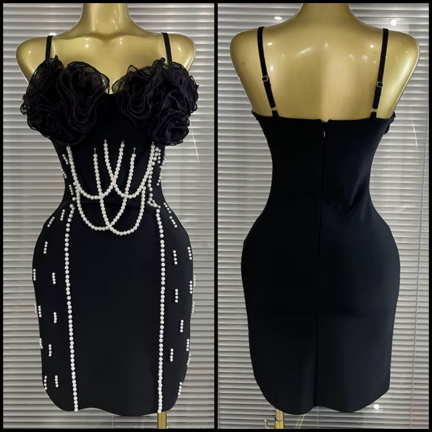 Sexy Black Sleeveless Ruffled Pearl Embellishment Dress
