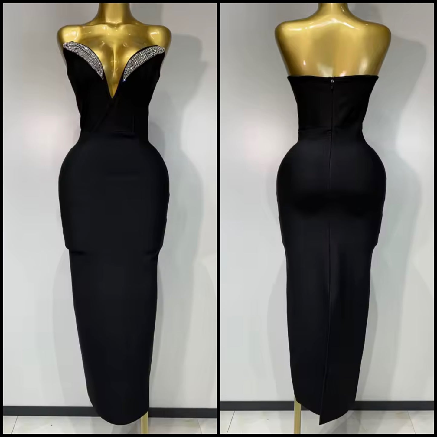 Elegant Black Rhinestone V-Neck Strapless Maxi Dress