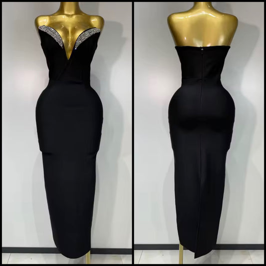 Elegant Black Rhinestone V-Neck Strapless Maxi Dress