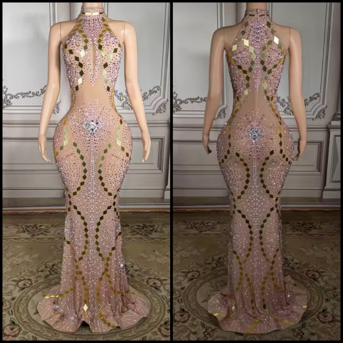 Rhinestone Embellishment Mirror Sleeveless Maxi Dress
