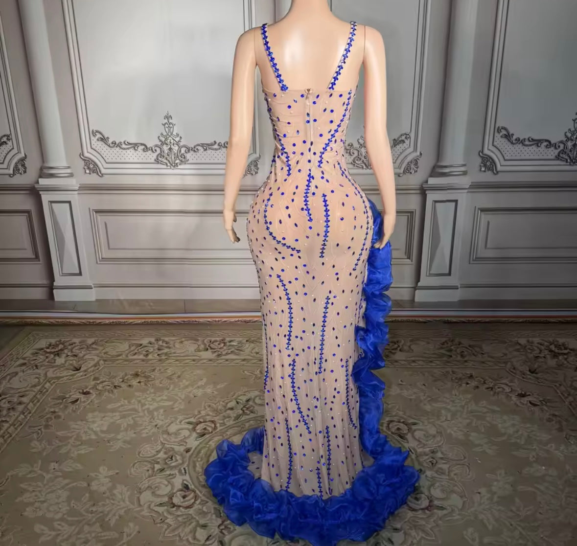 Sexy Sleeveless Blue Ruffle Rhinestone Side Split Maxi Dress