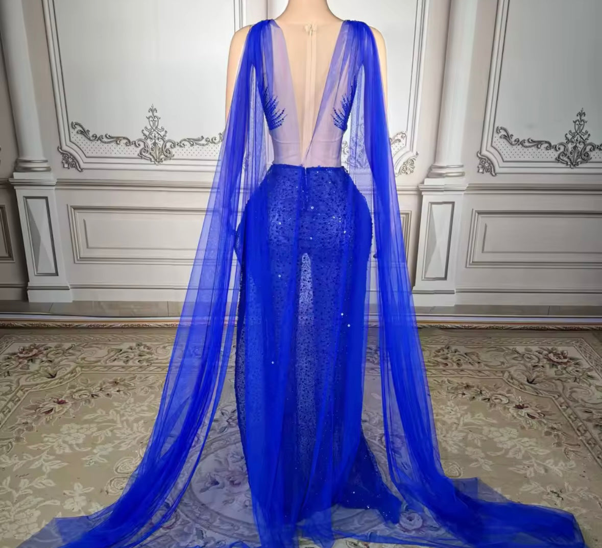 Blue Sexy Sleeveless Rhinestone Side Split Maxi Dress