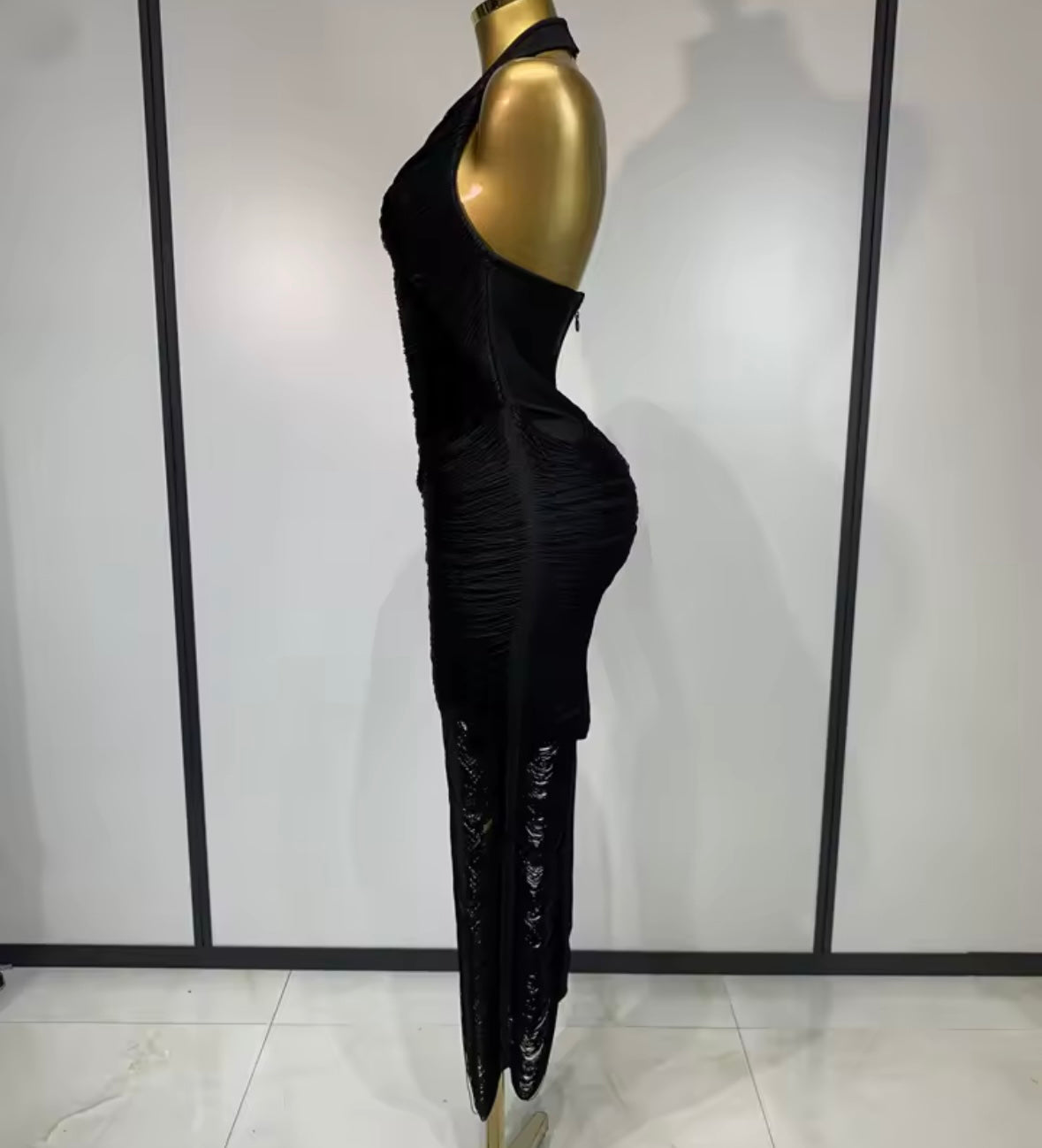 Sexy Black Halter Sleeveless Fringe Maxi Dress