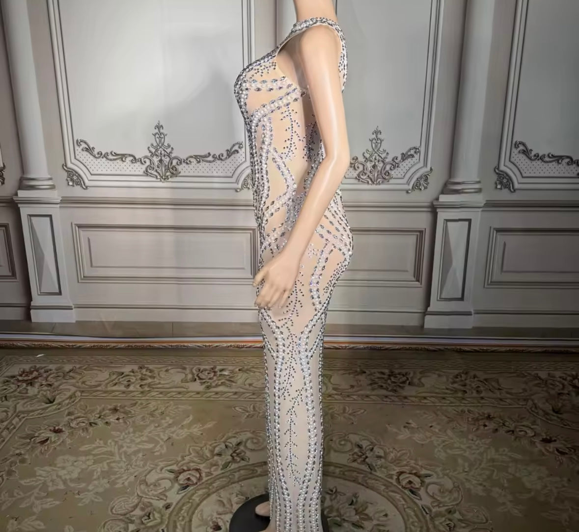 Sexy Sleeveless Pearl Rhinestone See Through Maxi Dress