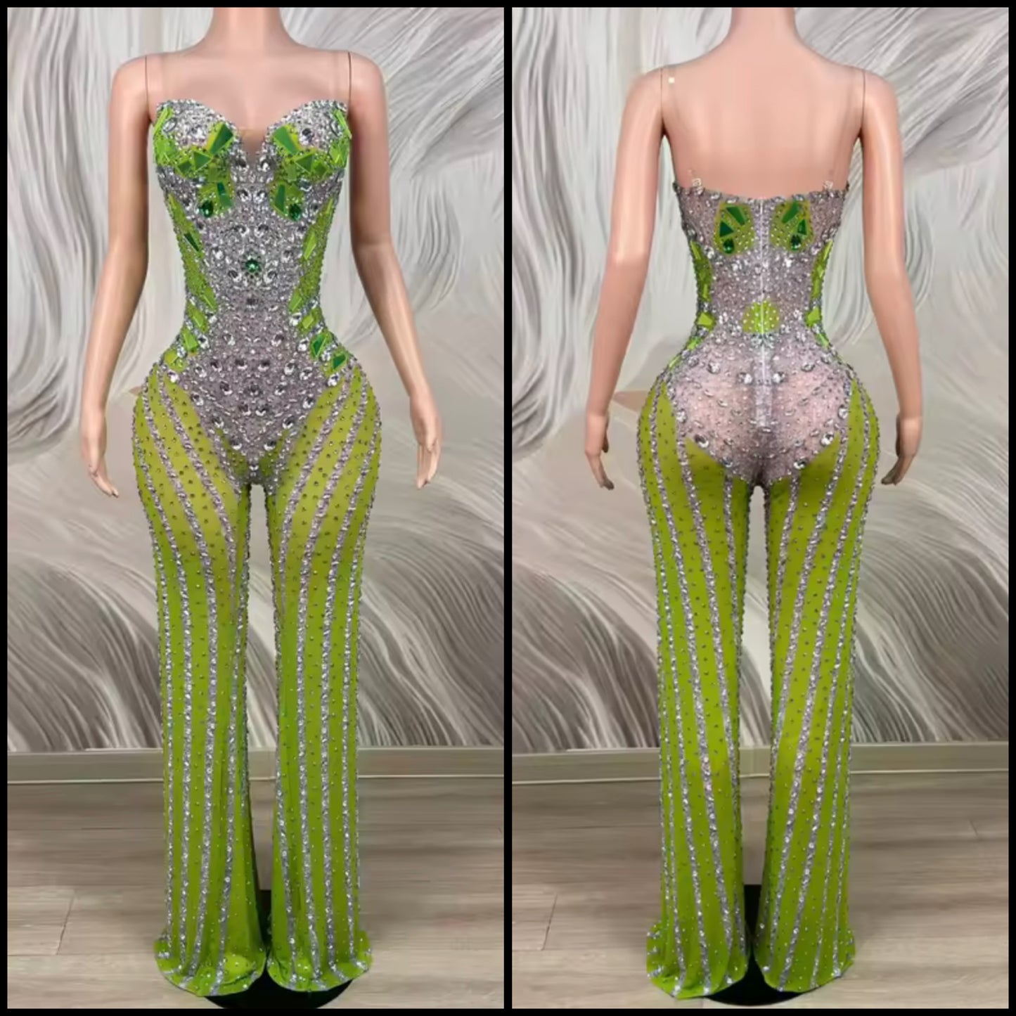 Green Sexy Sleeveless Rhinestone See Through Jumpsuit