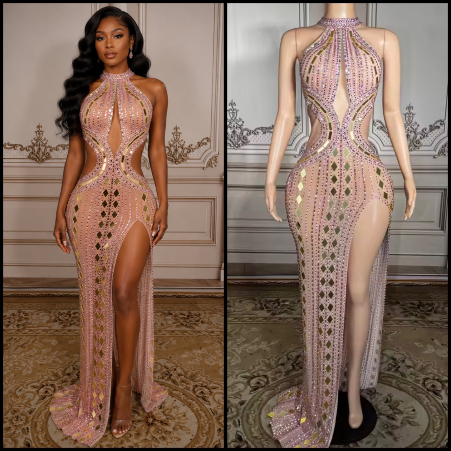 Sexy Pink Rhinestone Mirror Sleeveless Side Split Maxi Dress