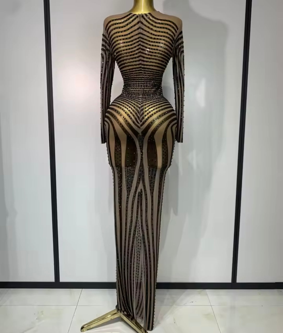 Sexy Rhinestone Striped Full Sleeve Maxi Dress