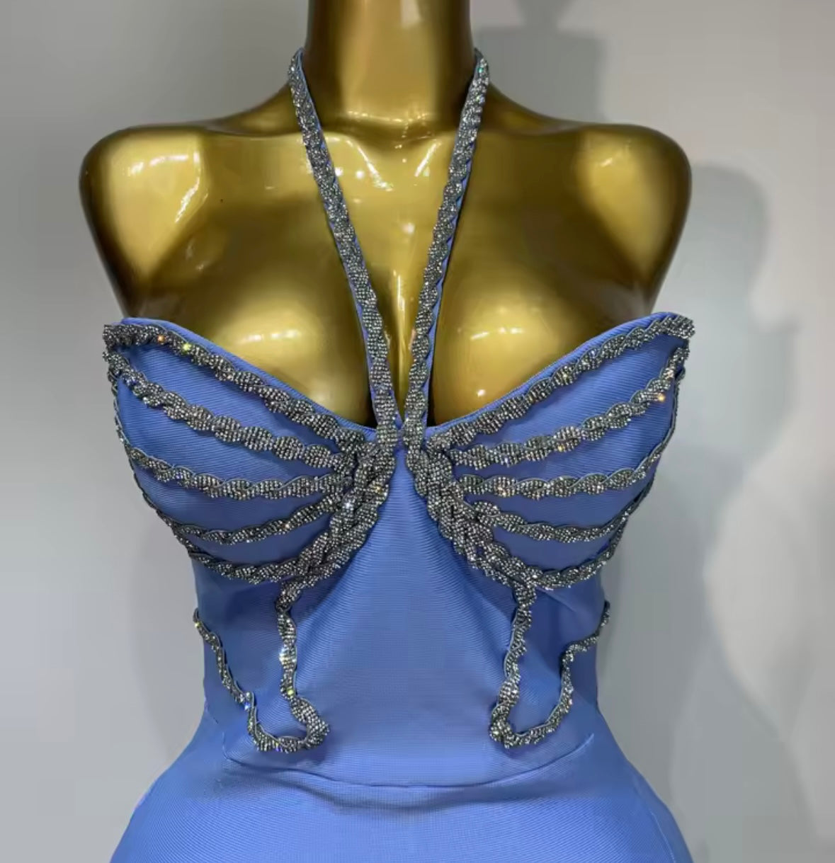 Sexy Blue Rhinestone Halter Bandage Floor-Length Dress