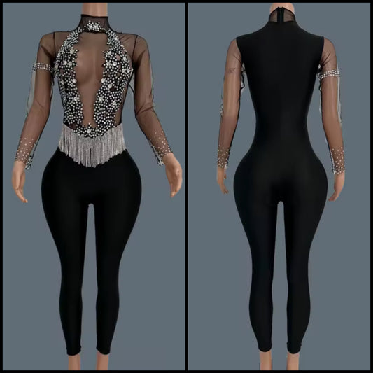 Sexy Black Rhinestone Tassel Full Sleeve Jumpsuit